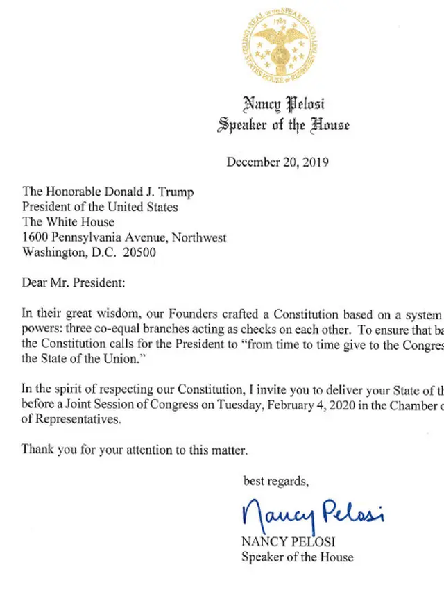 Surat undangan Nancy Pelosi kepada Donald Trump untuk memberikan pidato kenegaraan di tengah tegangnya pemakzulan Presiden AS.