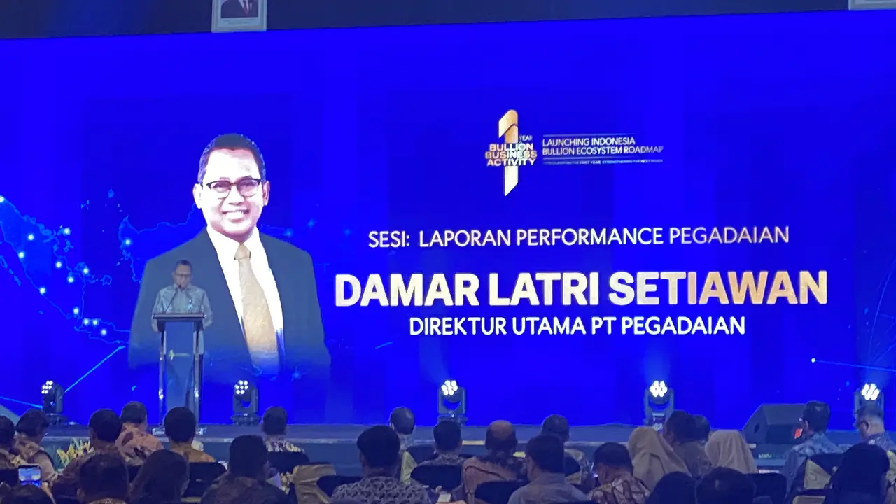 Direktur Utama Pegadaian Damar Latri Setiawandalam acara One Year Bullion Bussines Activity, Jumat (6/3/2026). (Liputan6.com/Christian)