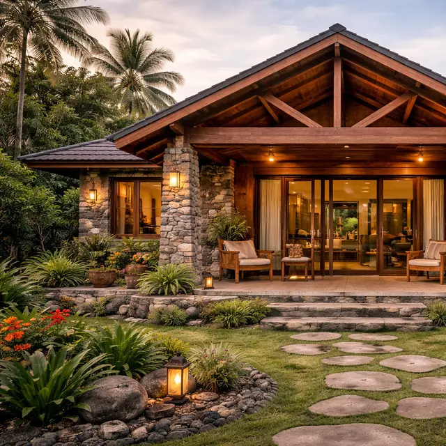 Model Rumah Desa dengan Kombinasi Material Kayu dan Batu Alam (ChatGPT)