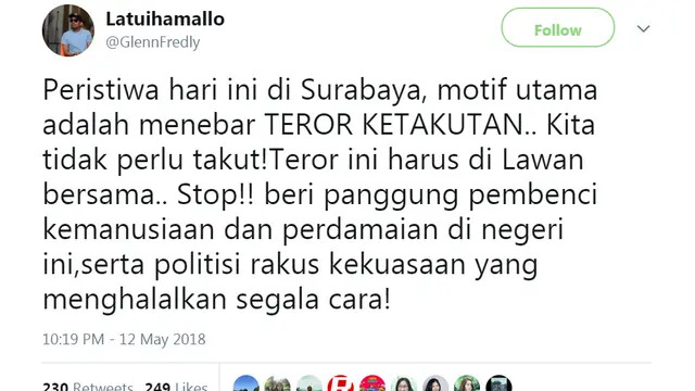 Cuitan Glenn Fredly soal bom gereja di Surabaya (Twiitter/ @latuihamallo)