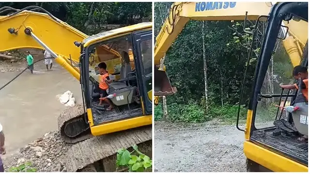 Viral Aksi Bocah 5 Tahun Operasikan Ekskavator, Bantu Warga Pindahkan Puing Banjir