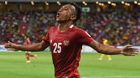 Indonesia sebenarnya berpeluang menyumbangkan pemainnya menjadi pencetak gol terbanyak di Piala AFF 2020 lewat Irfan Jaya. Sayangnya, ia hanya mampu mengoleksi tiga gol atau terpaut satu gol dari para pesaingnya. (AFP/Roslan Rahman)