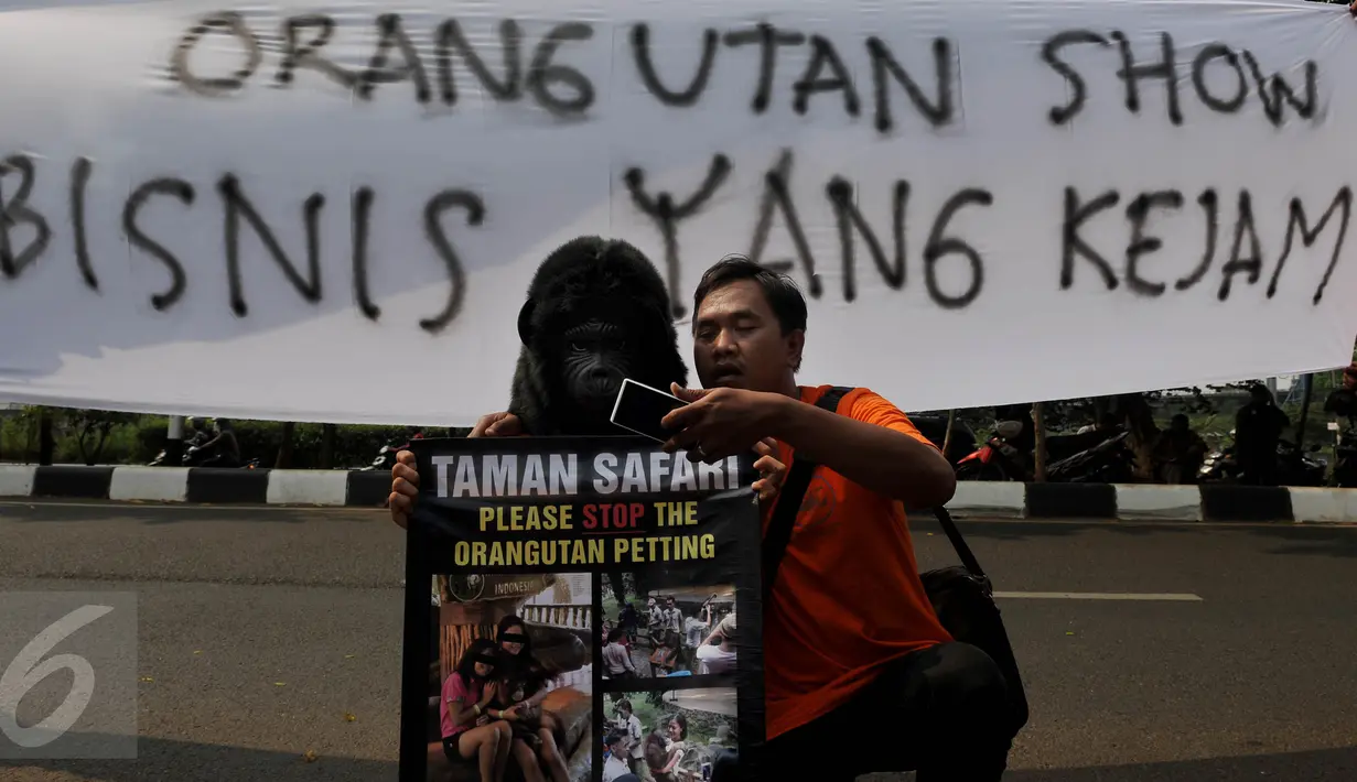 Warga berselfie dengan salah satu peserta aksi stop eksploitasi satwa yang memakai topeng orang utan sambil membawa poster di depan Kementrian Lingkungan Hidup dan Kehutanan (LHK), Jakarta, Jumat (2/10). (Liputan6.com/Johan Tallo)