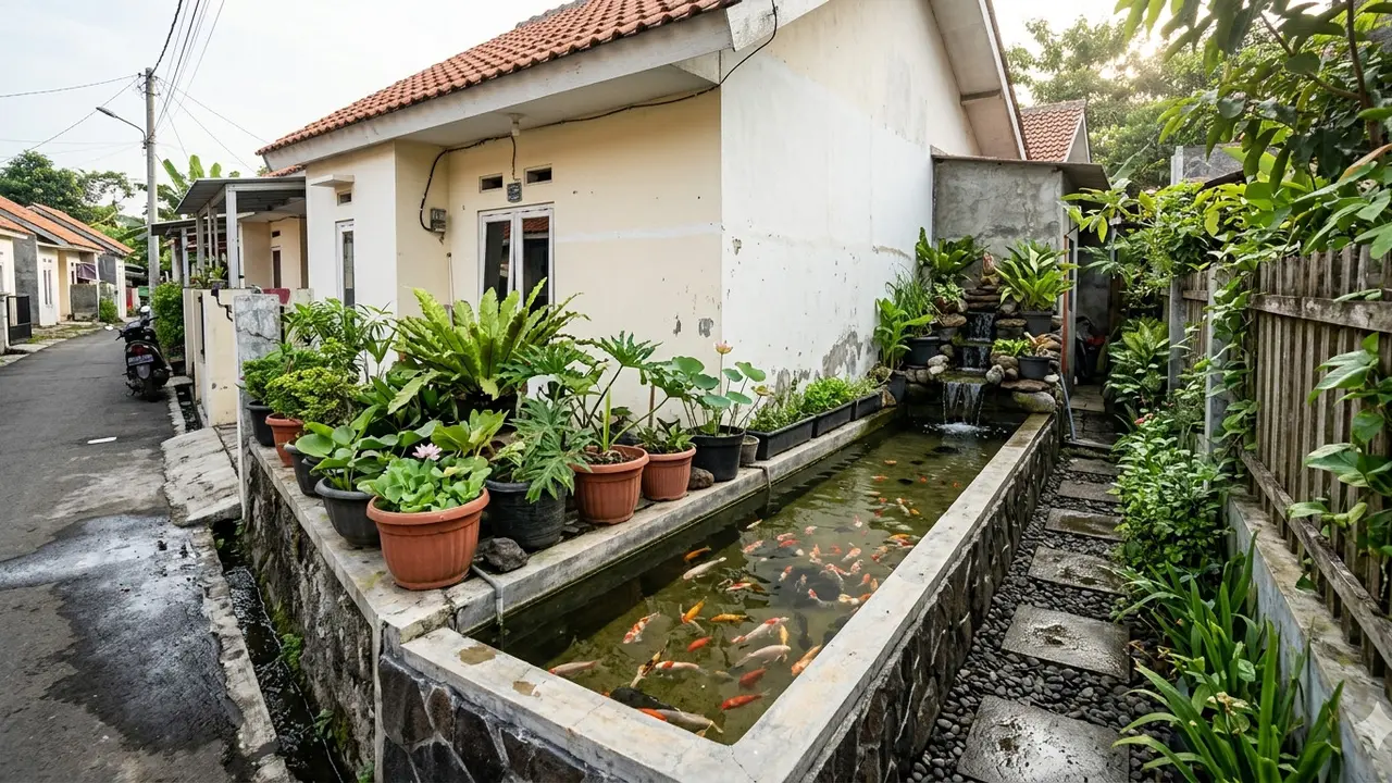 Inspirasi Model Kolam Ikan Memanjang di Samping Rumah Subsidi yang Menenangkan