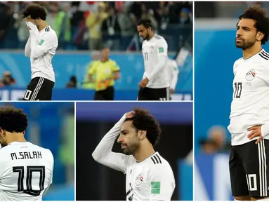 Berikut ini ragam ekspresi kekecewaan pemain bintang Mesir, Mohamed Salah, usai ditaklukkan Rusia pada laga Piala Dunia 2018. (Foto-foto Kolase AP)