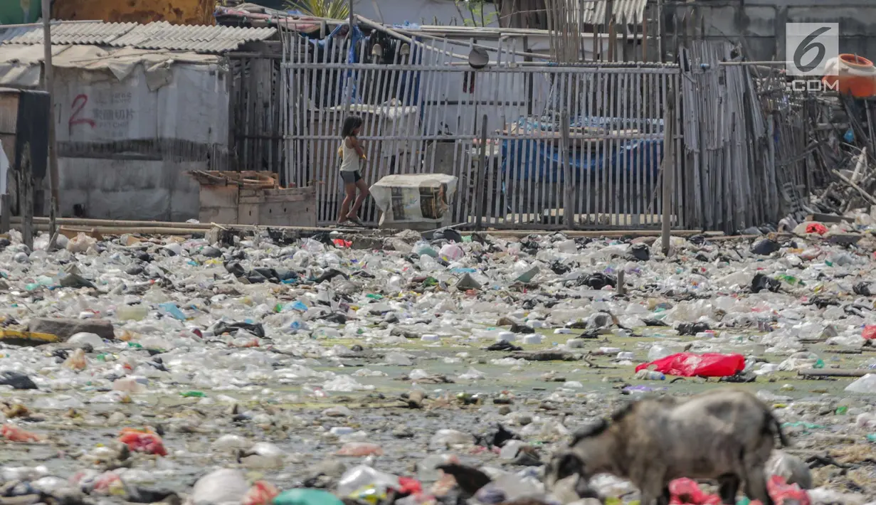 Seorang anak berjalan dekat permukiman kumuh yang berdiri di atas tumpukan sampah di Kampung Bengek, Jakarta Utara, Selasa (3/9/2019). Permukiman kumuh ini berdiri di atas rawa yang membeku karena timbunan sampah plastik, kasur bekas hingga limbah rumah tangga. (Liputan6.com/Faizal Fanani)