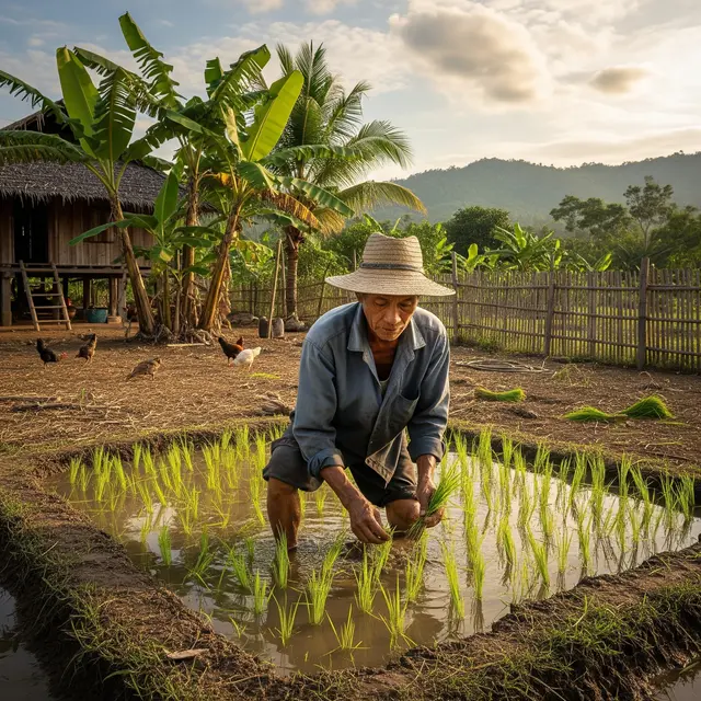 Petani Padi dengan Lahan Sempit di Pekarangan Rumah (Gemini AI)
