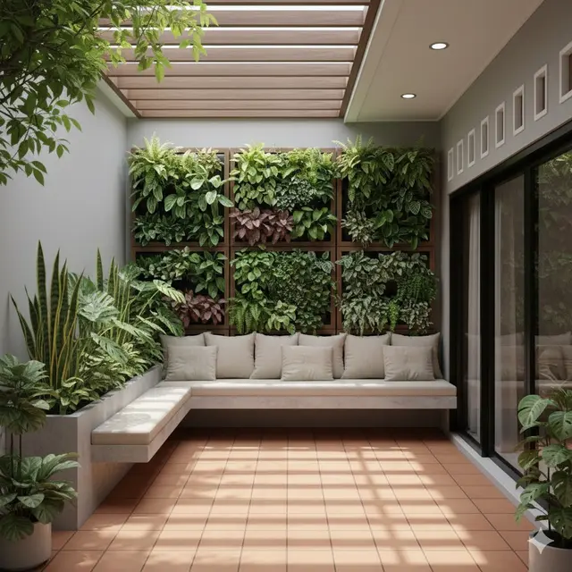 Teras rumah dengan Bangku Tembok (Built-in Bench) (Gemini AI)