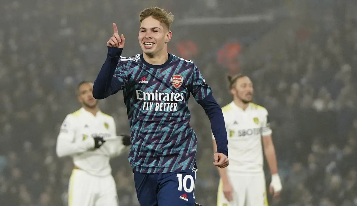 Gabriel Martinelli mencetak dua gol. Lalu, Bukayo Saka dan Emile Smith Rowe menyumbang satu gol. (AP/Jon Super)