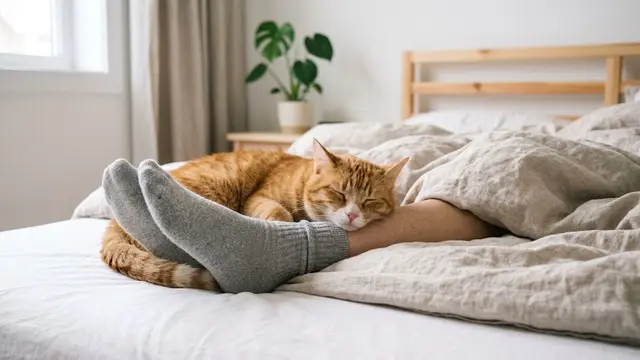 Kucing Tidur di Dekat Kaki Pemiliknya