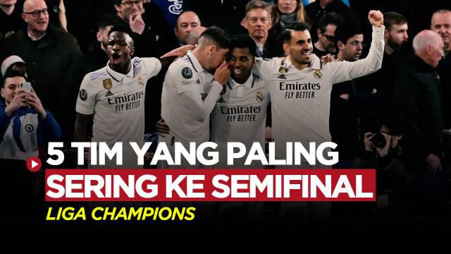 Berita Motion grafis lima klub teratas yang tercatat paling sering mencapai ke semifinal Liga Champions. Real Madrid menjadi salah satu tim yang paling sering ke semifinal.