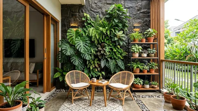 Ide Teras Dinding Batu Tempel dan Monstera