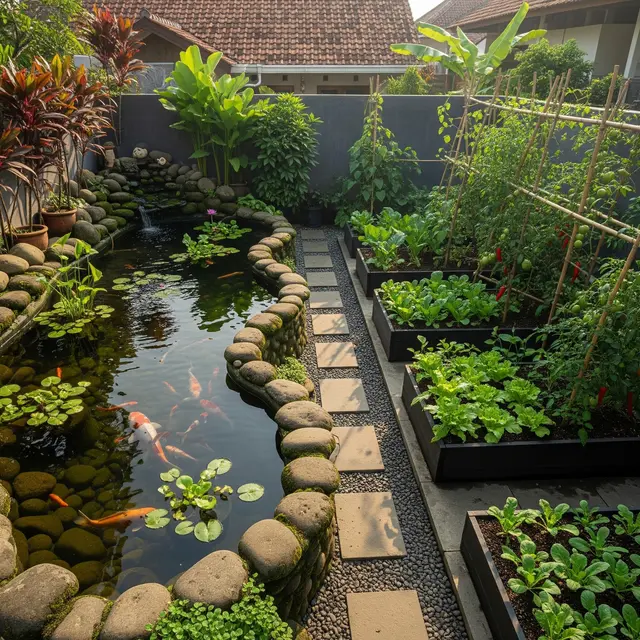 9 Ide Kolam Ikan dan Kebun Sayur dalam Satu Area Sempit