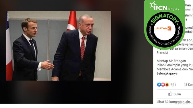 Hoaks Presiden Turki, Erdogan tolak jabat tangan Presiden Prancis, Emmanuel Macron. (Facebook)