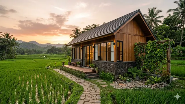 Desain Rumah Desa Adem dengan Taman Samping dan Dinding Batu Alam. Gemini