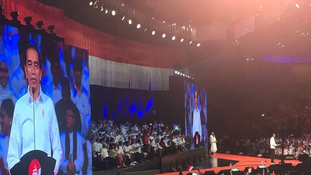Presiden terpilih Jokowi dalam pidato di Sentul International Convention Center, Minggu (14/7/2019).