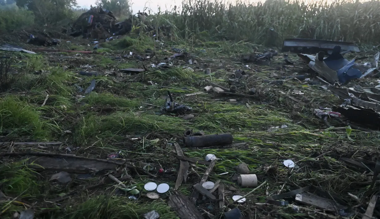 Puing-puing pesawat kargo Antonov terlihat di desa Palaiochori di utara Yunani, setelah dilaporkan jatuh pada Sabtu di dekat kota Kavala, Minggu (17/7/2022). Unit tanggap bencana khusus Yunani juga sedang menyelidiki tempat kecelakaan Antonov-12. (AP Photo/Giannis Papanikos)