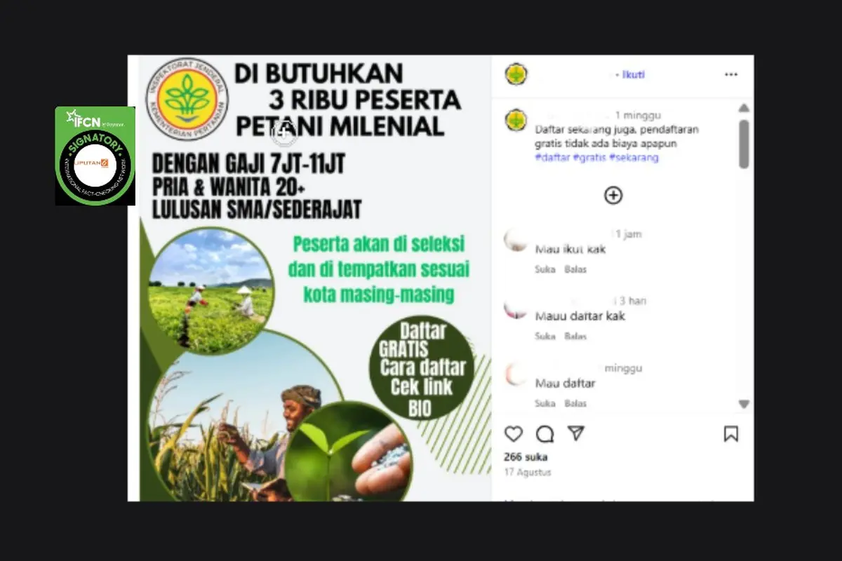 Tangkapan layar klaim pendaftaran program 3 ribu petani milenial dengan gaji 7 Juta hingga 10 Juta