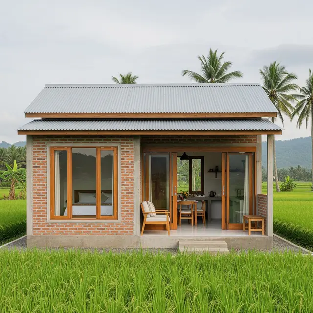 Model Rumah Minimalis di Desa Pinggir Sawah (Image by Gemini AI)