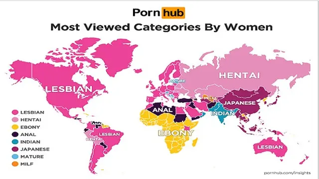 Peta yang menggambarkan kategori film porno yang banyak disukai wanita di seluruh dunia (Pornhub)