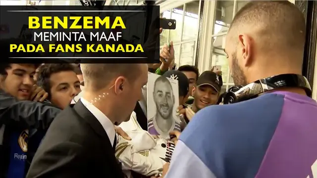 Video aksi Karim Benzema meminta maaf karena saat baru sampai di hotel, salah satu fans tak dapat foto bersamanya pada tur Real Madrid di Kanada.