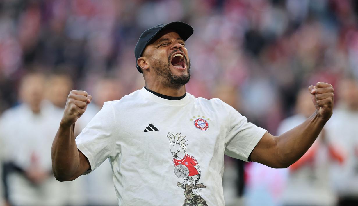 Bagi pelatih Vincent Kompany, ini merupakan gelar back-to-back Liga Jerman setelah ditunjuk sebagai pelatih pada musim sebelumnya. (AFP/Alexandra Beier)