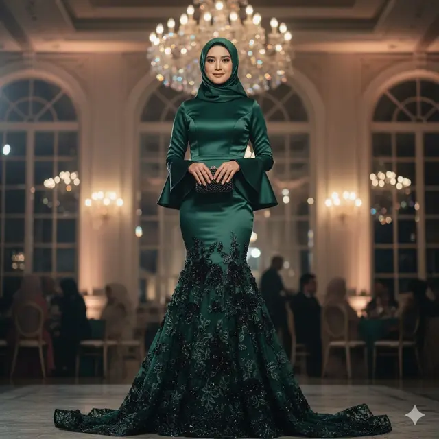Gamis Satin Model Mermaid dengan Detail Lace di Bagian Bawah