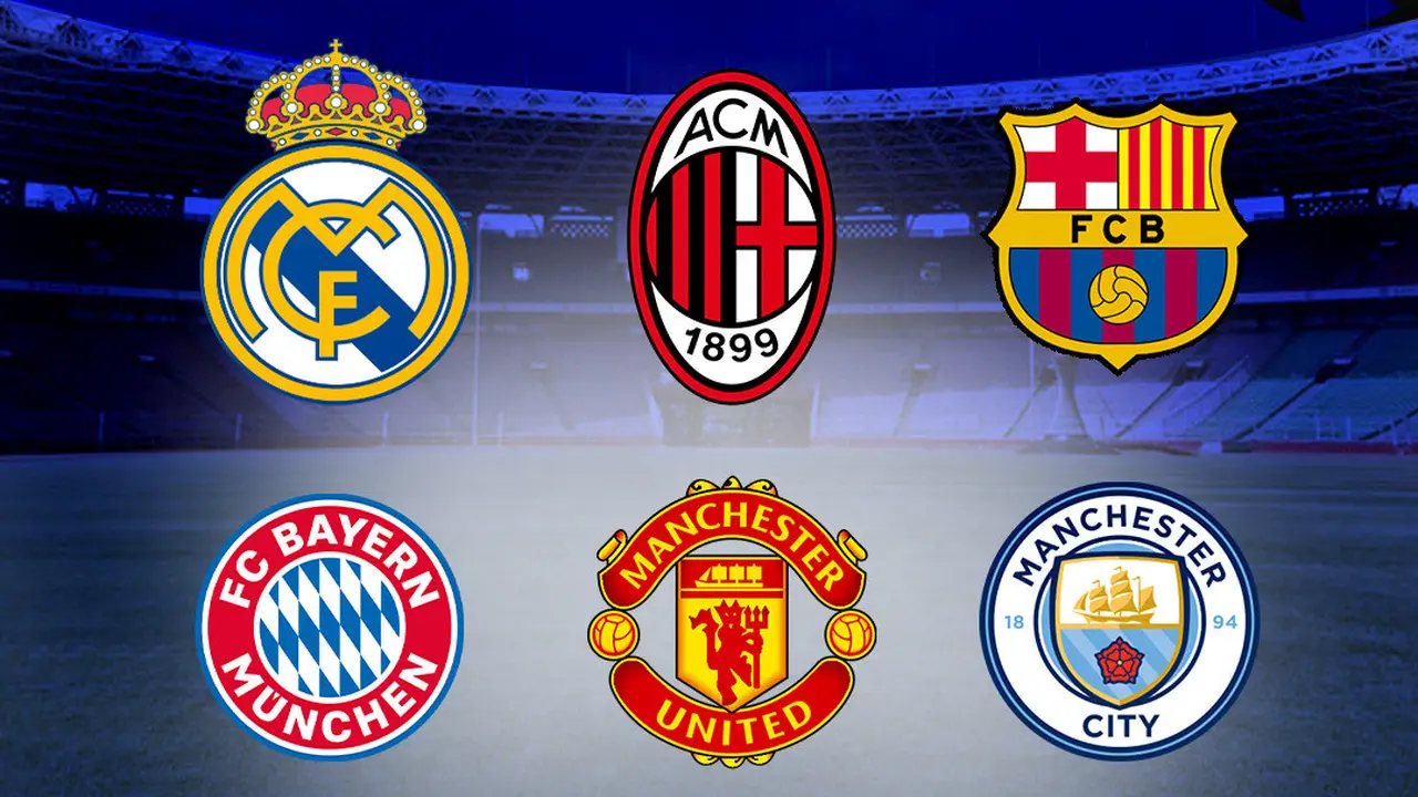 Liga Champions - Logo Real Madrid, AC Milan, Bayern Munchen, Barcelona, MU, dan Man City