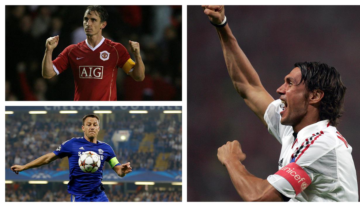 9. Paolo Maldini (AC Milan), Gary Neville (Manchester United) dan John Terry (Chelsea) - Total penampilan ketiganya, masing-masing sebanyak 109. Setelah pensiun dari masing-masing klub, Gary Neville dan John Terry sempat mencoba peruntungan menjadi pelatih.