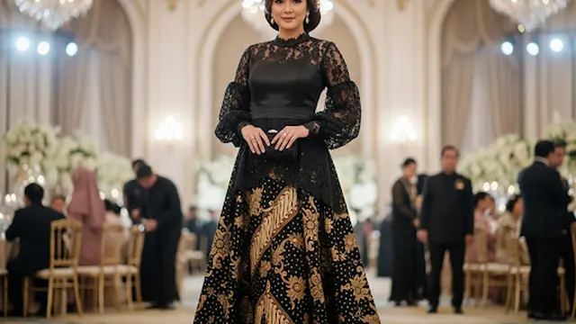 Long Dress Batik Brokat dengan Lengan Balon