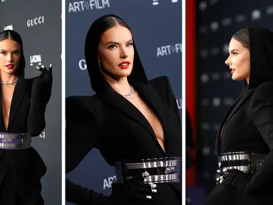 Foto kolase Alessandra Ambrosio saat menghadiri acara LACMA Art+Film Gala di Los Angeles County Museum of Art di Los Angeles, California, pada 5 November 2022. (AFP Photo)