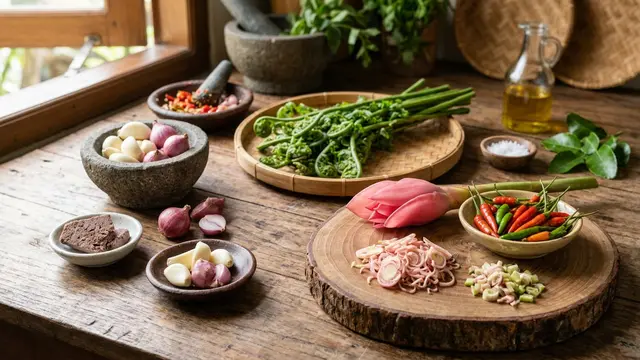 Resep Tumis Daun Pakis dengan Bunga Kecombrang dan Cabai (AI Generated)