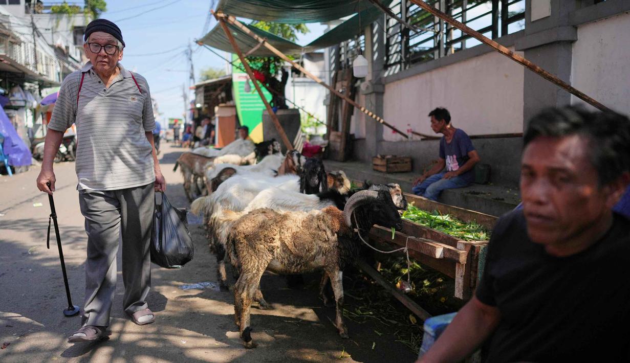 Seorang pria berjalan melewati kambing-kambing yang dipajang untuk pelanggan di sebuah kios pinggir jalan menjelang Hari Raya Idul Adha 1447 Hijriah di Jakarta, Selasa 26 Mei 2026. (AP Photo/Dita Alangkara)