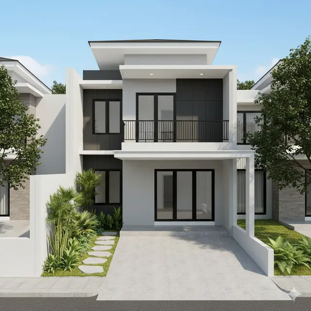 Denah Rumah 2 Lantai Dengan Carport dan Taman