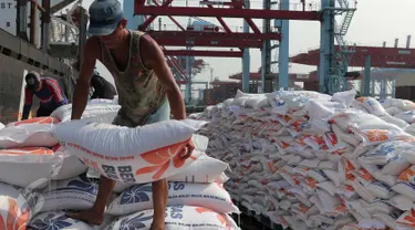 Pekerja menurunkan beras impor dari sebuah kapal saat tiba di Pelabuhan Tanjung Priok, Jakarta, Kamis (12/11). Sekitar 27 ribu ton beras tersebut didatangkan dari Vietnam untuk menjaga kestabilan persediaan beras nasional. (Liputan6.com/Angga Yuniar)