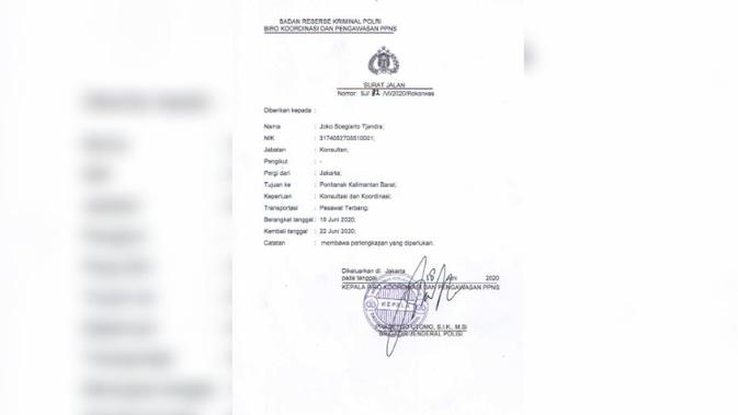 Surat jalan buron BLBI Djoko Tjandra yang dikeluarkan Polri. (Istimewa)