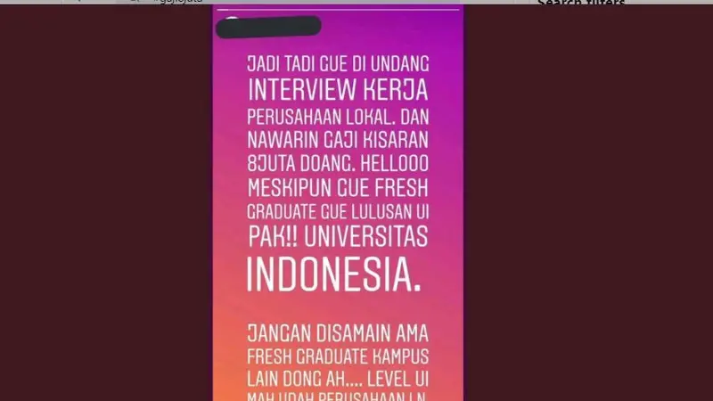 Unggahan foto tangkapan layar lulusan baru atau fresh graduate alumni UI