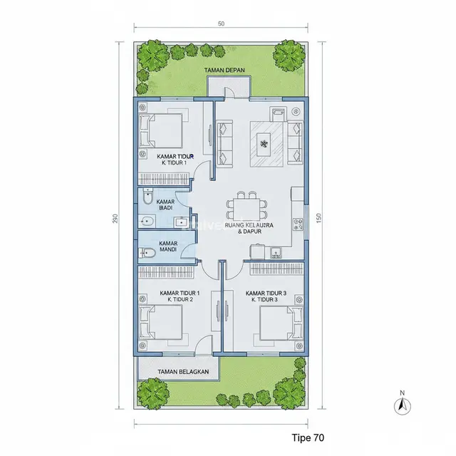 Desain Rumah Tipe 70 di Tanah Memanjang. Gemini
