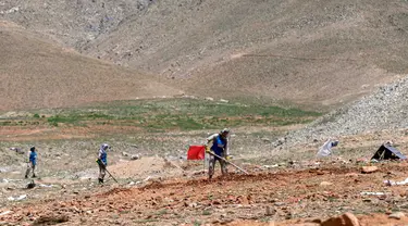 Foto yang diambil pada tanggal 13 Mei 2024 memperlihatkan para penjinak ranjau Afghanistan dari Halo Trust membersihkan ranjau anti-tank di desa Qala Khail, provinsi Ghazni. (Wakil KOHSAR/AFP)