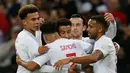 Jesse Lingard merayakan gol pertama timnas Inggris pada menit ke-25 memanfaatkan umpan Delle Alli pada laga persabahatan kontra Amerika Serikat yang berlangsung di Stadion Wembley, Inggris. Timnas Inggris menang 3-0. (AFP/Ian Kington)