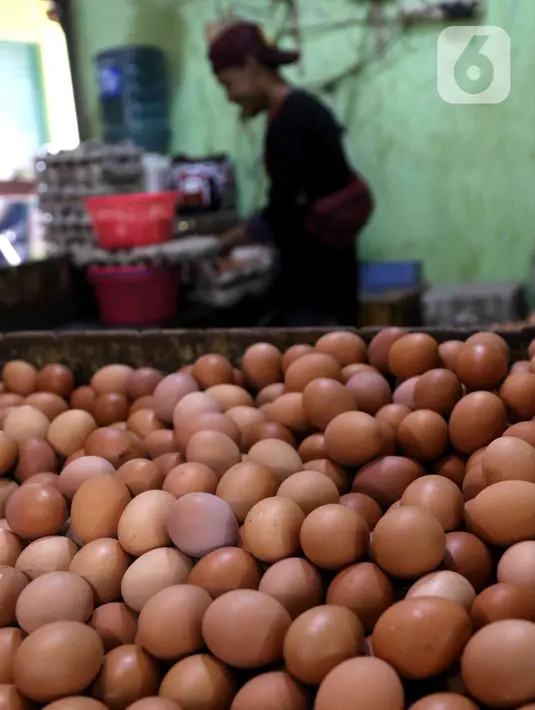 Telur ayam dijual di Pasar Kelapa Dua, Kabupaten Tangerang, Banten, Rabu (29/12/2021). Meroketnya harga telur ayam di sejumlah wilayah jelang pergantian tahun dipicu oleh harga pakan yang tinggi. (Liputan6.com/Angga Yuniar)