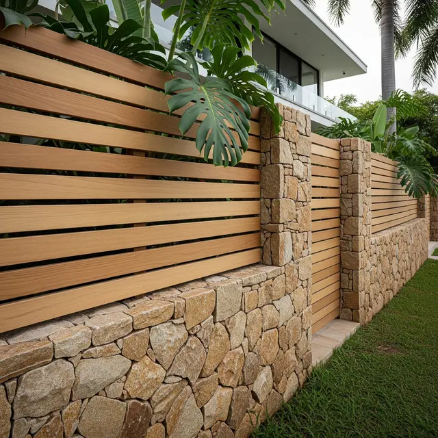 Ide Pagar Rumah Batu Alam Kombinasi Kayu untuk Rumah Tropis (AI)