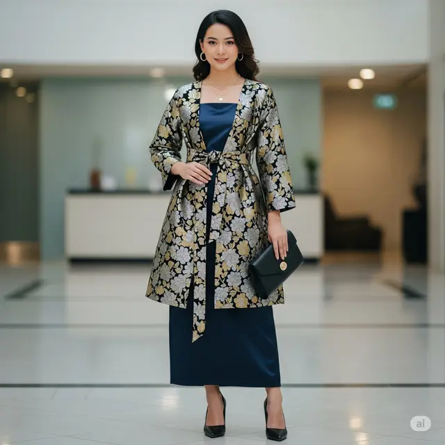 Contoh Model Brokat Dress Kombinasi Satin Model Lurus (Straight) dengan Outer Brokat. Foto: Gemini