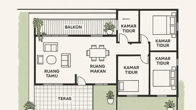 Model Sketsa Rumah Bergaya Minimalis dengan 3 Kamar Tidur/Ilustrasi gambar oleh AI