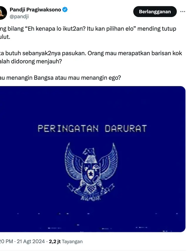Unggahan Peringatan Darurat dari Pandji Pragiwaksono. (Foto: Dok. Twitter @pandji)
