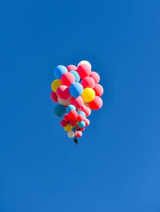 David Blaine terbang dengan memegang balon helium saat melakukan aksi "Ascension" di Page, Arizona, Amerika Serikat, Rabu (2/9/2020). Aksi ekstrem David Blaine berlangsung sekitar 30 menit. (David Becker/GETTY IMAGES NORTH AMERICA/Getty Images via AFP)