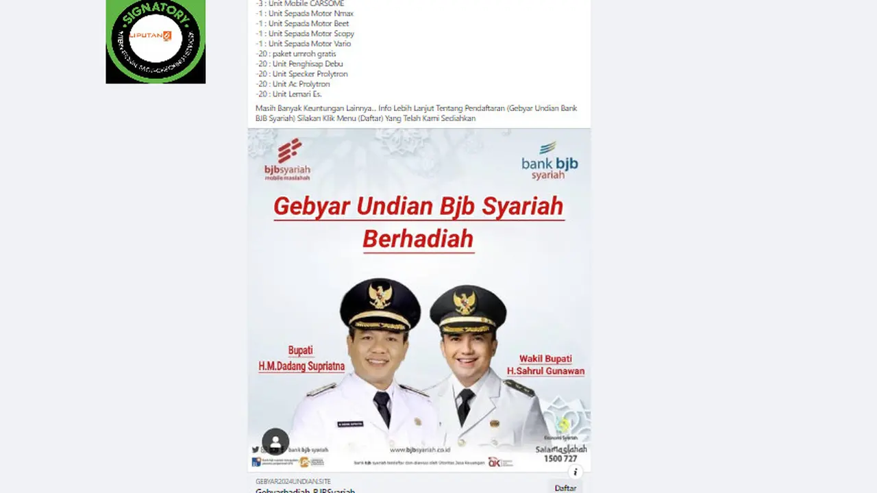 Tangkapan layar klaim pendaftaran gebyar undian berhadiah dari BJB Syariah