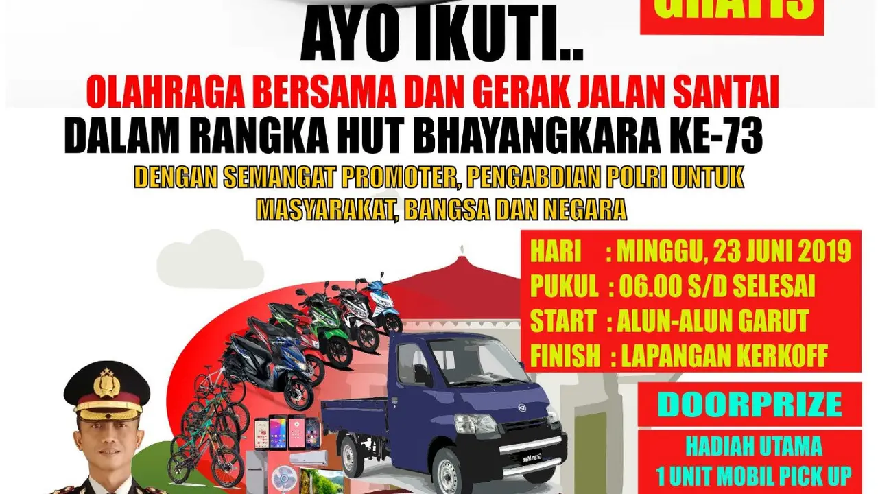 Spanduk pemberitahuan kegiatan gerak jalan dan jalan santai gratis dalam rangkaian HUT BHayangkara ke-73 di Garut
