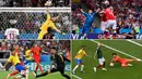 Kiper Meksiko, Guillermo Ochoa, heroik saat melawan Brasil meski akhirnya kalah, demikian juga Kasper Schmeichel yang membuat Kroasia frustasi. Berikut ini tujuh kiper dengan penyelamatan terbanyak di Piala Dunia 2018. (Kolase foto-foto dari AFP)