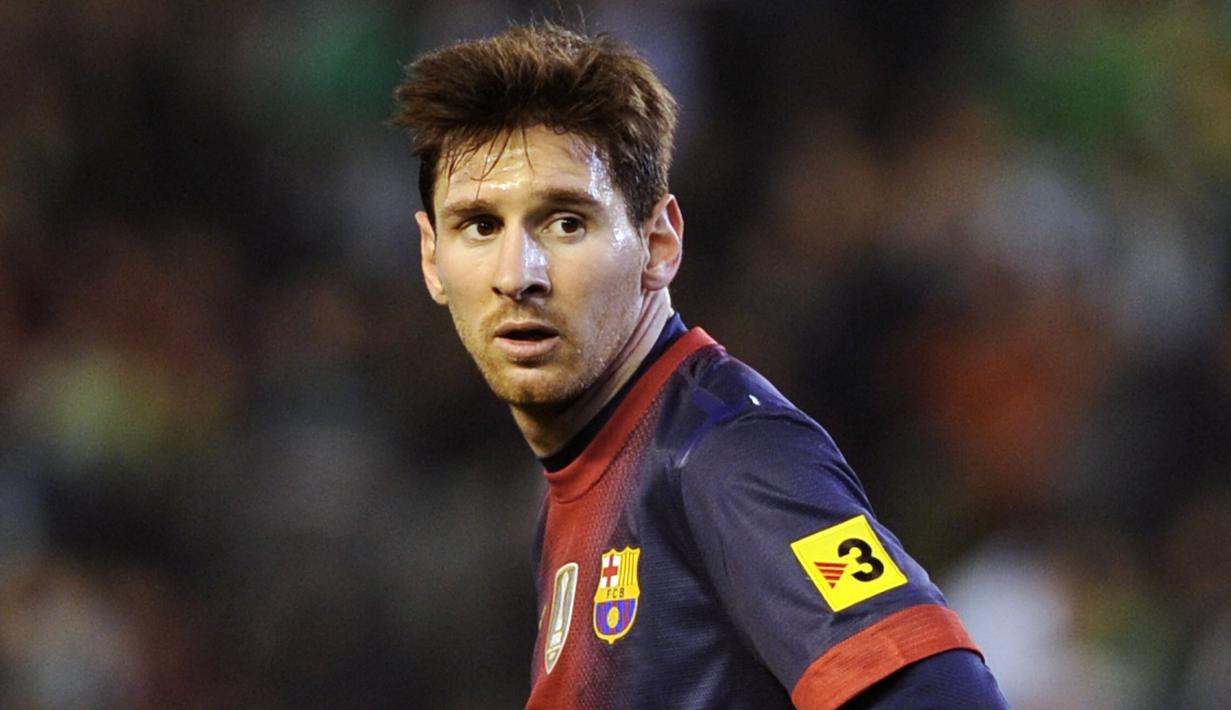 Ekspresi Striker Barcelona, Lionel Messi, saat melawan Real Betis pada laga La Liga di Stadion Benito Villamarin, (9/12/2012). (AFP/Cristina Quicler)